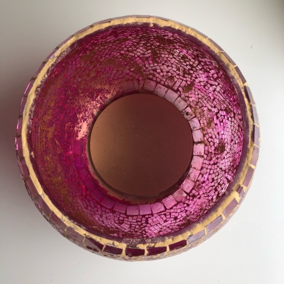 Pink Glass Mosaic Vase/Candle Jar, 4” Diameter - Picture 2 of 3